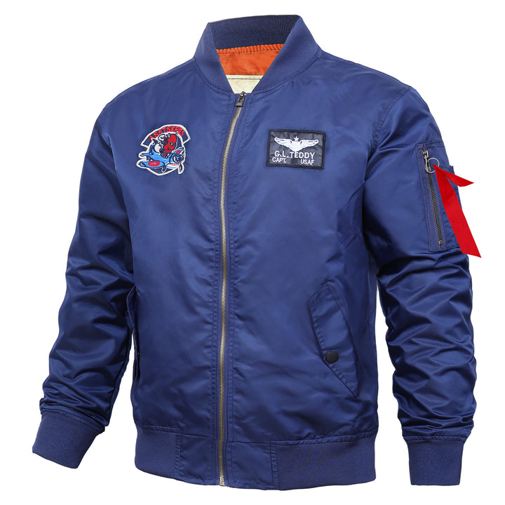 Men's  retro pilot-inspired flight jacket with embroidered crest, sleeve zipper utility pocket and contrast quilted lining Drune
