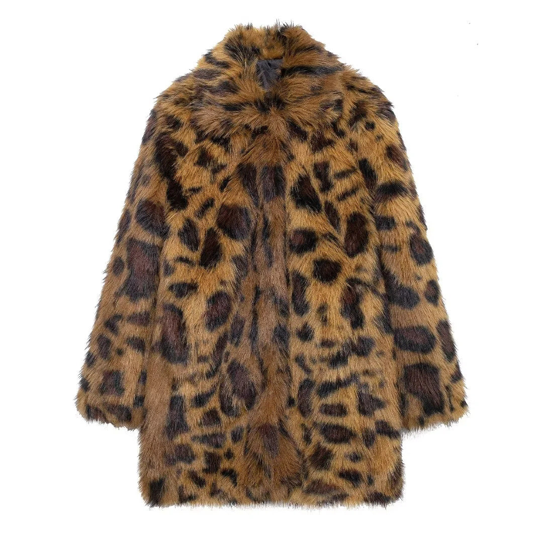Damen nan langer Kunstfell-Mantel im Leopardenprint mit Oversize-Schnitt und kuscheliger Innenfutter-Qualität Drune