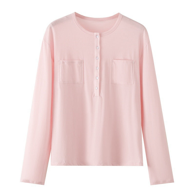 Damen Langarm-Henleyshirt aus Baumwollmix mit Rundhalsausschnitt, Brusttaschen und lockerer Passform Drune