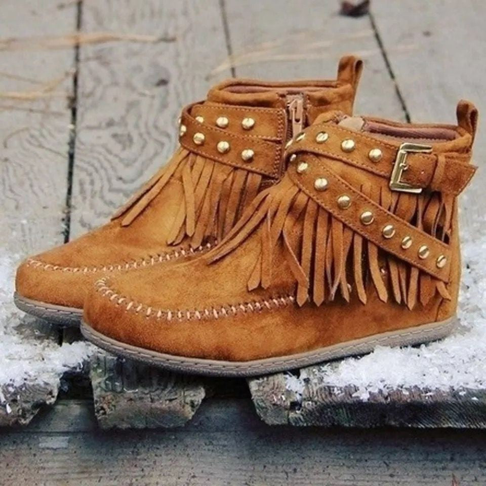 Damen Fransen-Stiefeletten mit dekorativen Nieten Drune
