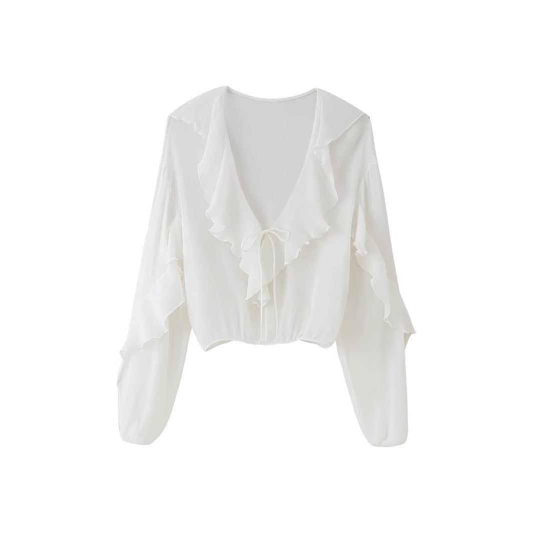 Damen Bluse mit romantischen Rüschen und tiefem V-Ausschnitt Drune
