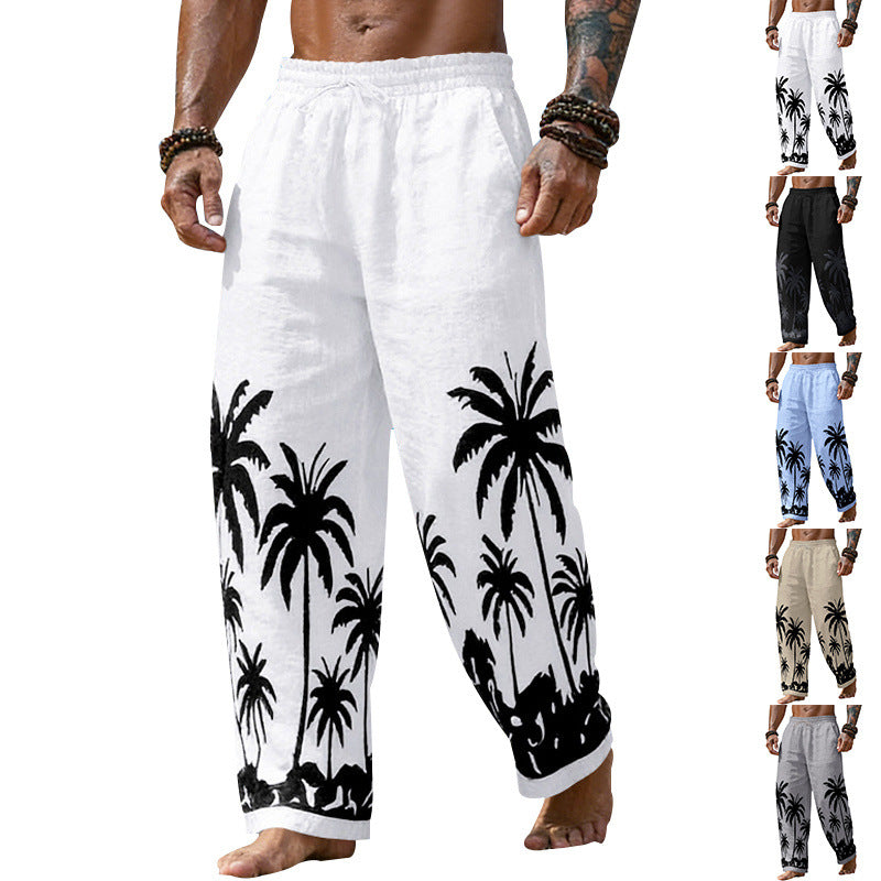 Herren Lässige weite Leinenhose mit elastischem Bund und tonalem Palmenprint Drune