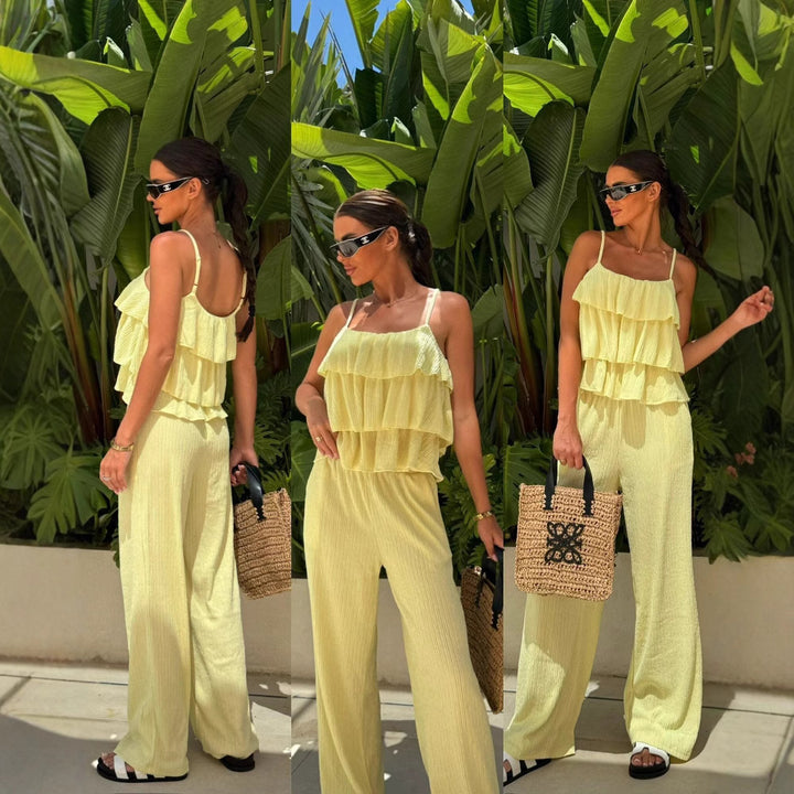 Damen Plissee-Volant-Cropped-Top mit Spaghettiträgern und weitem High-Waist-Hose-Set Drune