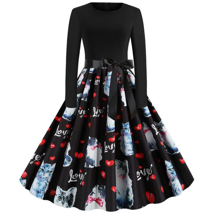Damen Tailliertes Vintage-Swingkleid mit Satin-Taillenschleife, Langarm-Oberteil und printetem Tellerrock Drune