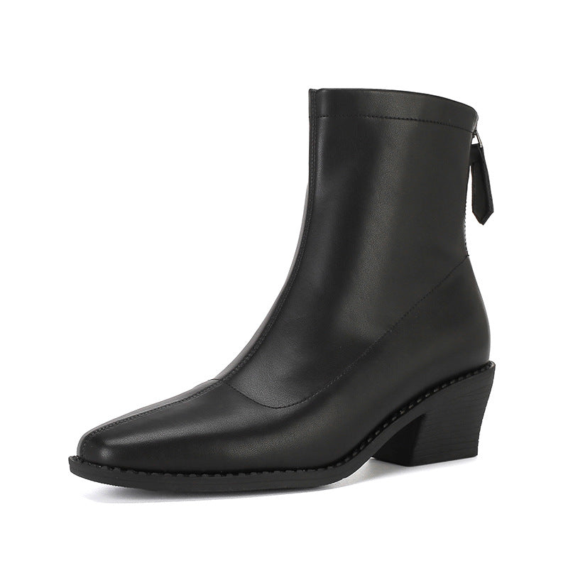 Damen Minimalistische Sock‑Ankleboot aus Glattleder mit hinterem Reißverschluss und sculpted Blockabsatz Drune