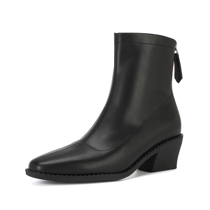 Damen Minimalistische Sock‑Ankleboot aus Glattleder mit hinterem Reißverschluss und sculpted Blockabsatz Drune