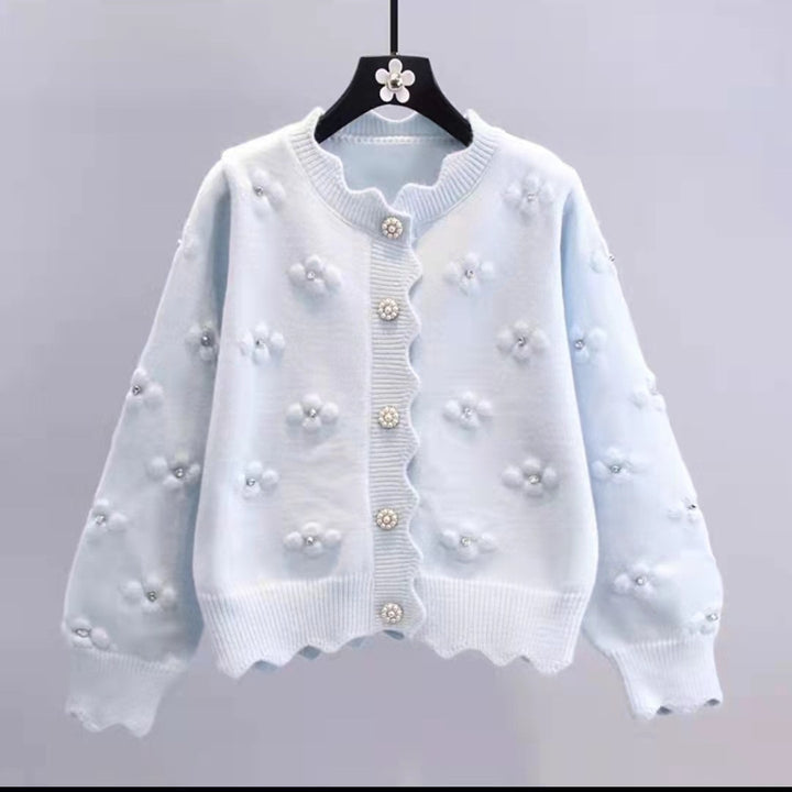 Damen Lockere Strickjacke mit floralen Applikationen und Perlenknöpfen Drune