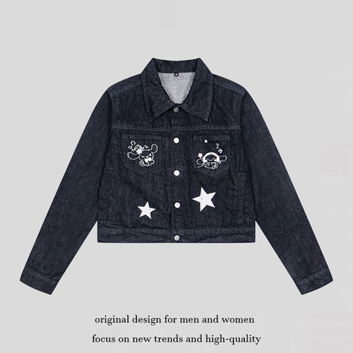 Damen Kurz geschnittene Jeansjacke mit Stern‑Applikationen und Cartoon‑Stickereien Drune