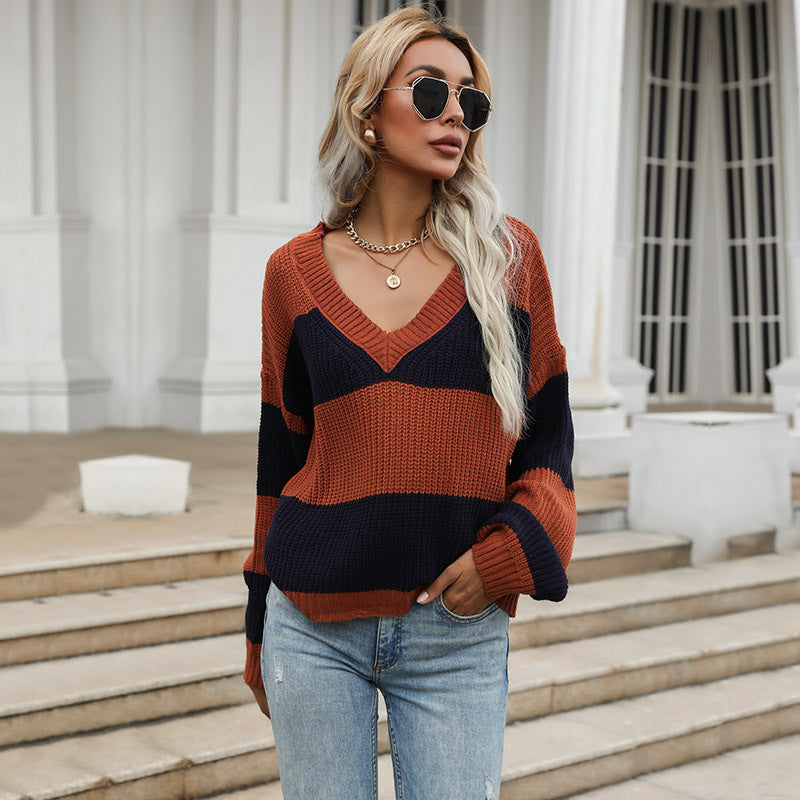 Damen Oversize-Chunky-Strickpullover mit schulterfreiem Fall, breiten Blockstreifen und geripptem Saum Drune