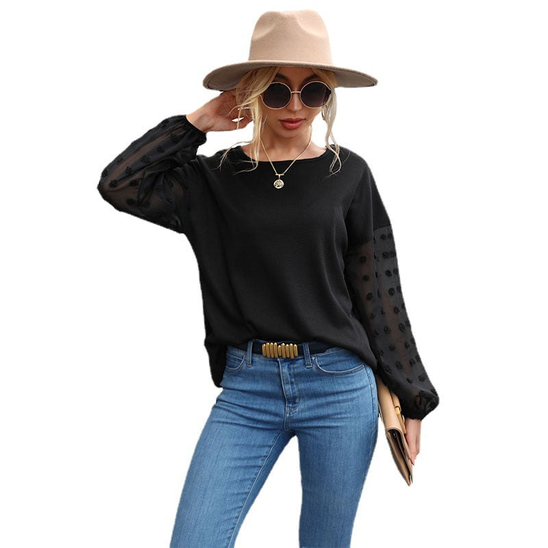 Damen Feinstrickpullover mit transparenten Chiffon-Ärmeln und Punktapplikationen Drune