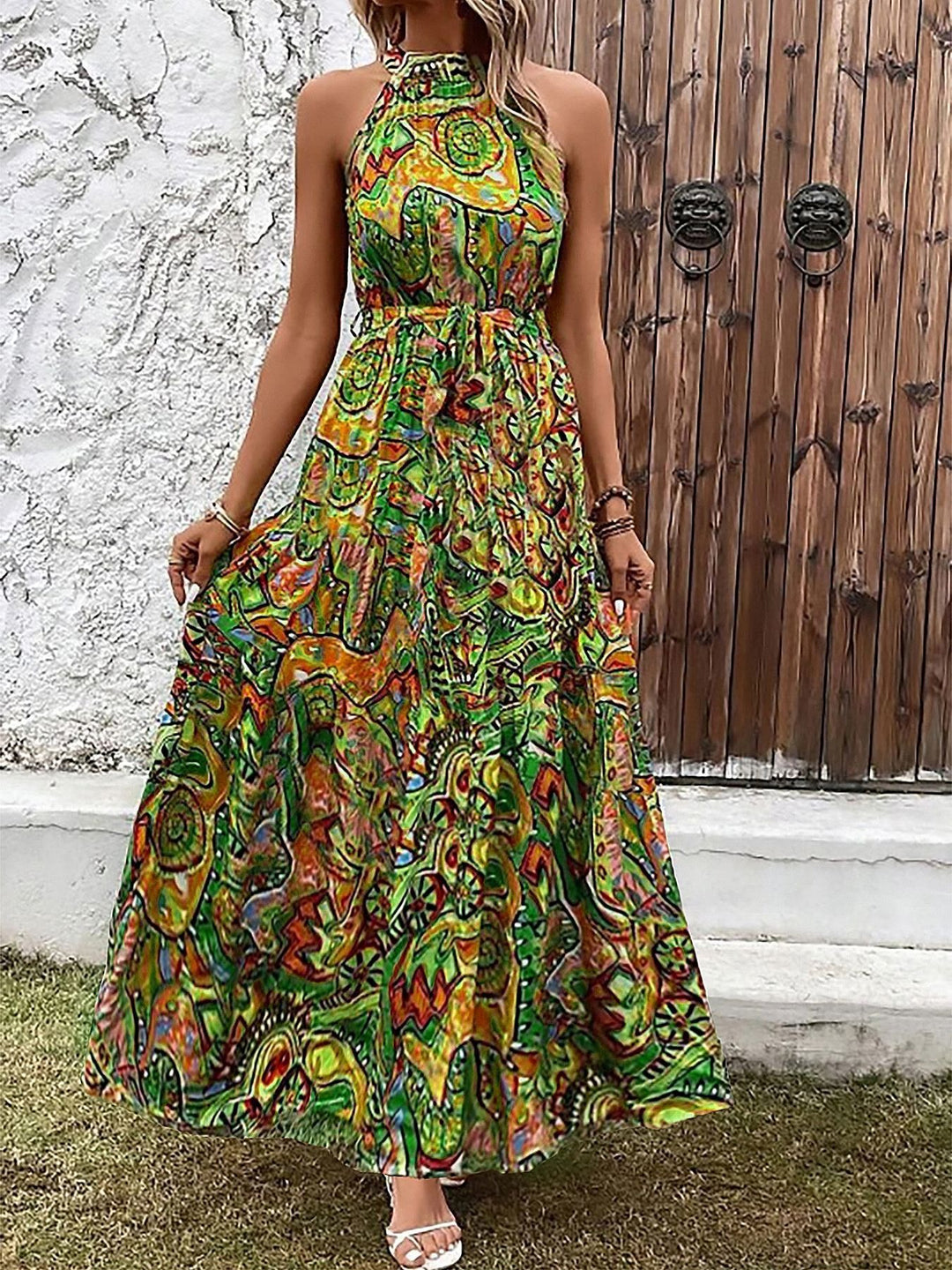 Damen Maxikleid im Boho-Stil mit elegantem Halterneck und seitlichem Bindegürtel Drune