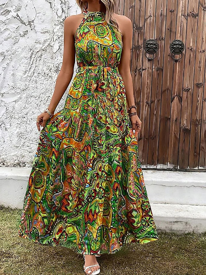 Damen Maxikleid im Boho-Stil mit elegantem Halterneck und seitlichem Bindegürtel Drune