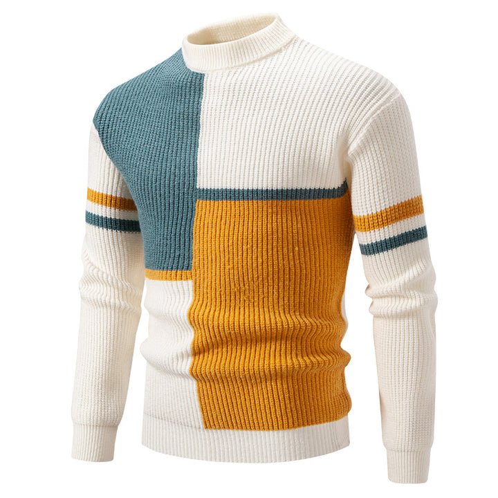 Herren Grobstrick-Pullover mit Stehkragen und kontrastierendem Blockstreifenmuster Drune