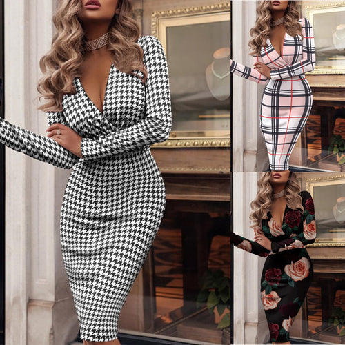Damen Figurbetontes Wickel‑Midikleid mit tiefem V‑Ausschnitt und Rosenprint Drune