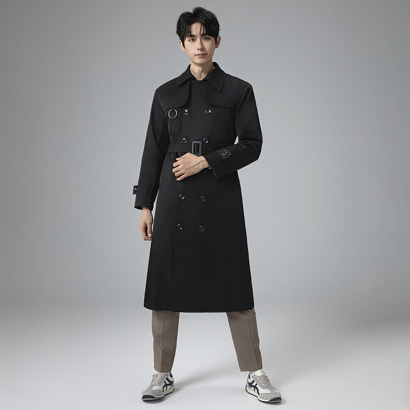 Herren Moderner Tech-Trenchcoat mit Doppelreihiger Knopfleiste, Bindegürtel und dezenten Ringdetails Drune