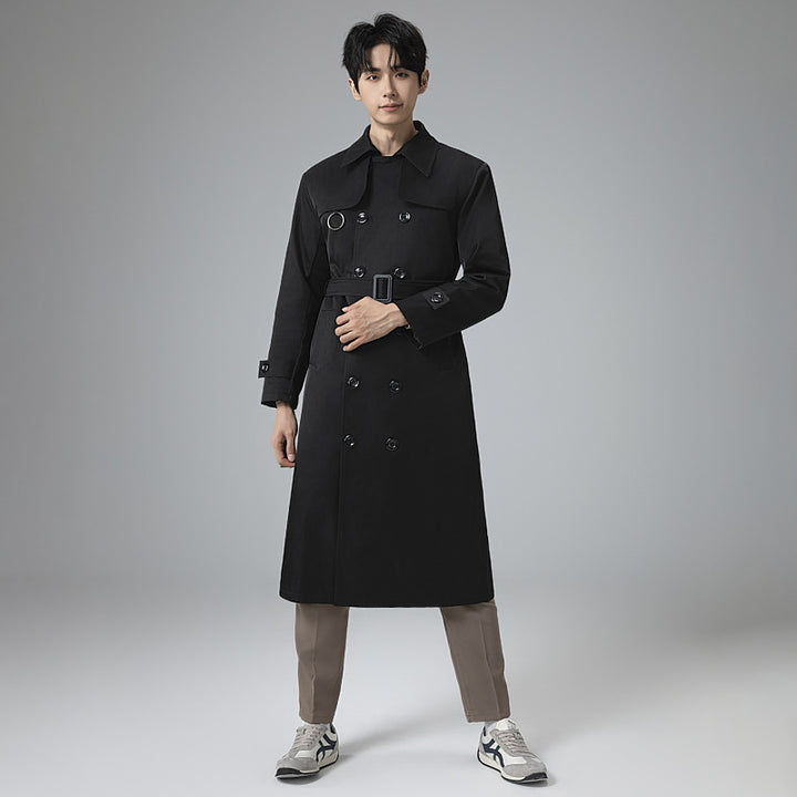 Herren Moderner Tech-Trenchcoat mit Doppelreihiger Knopfleiste, Bindegürtel und dezenten Ringdetails Drune