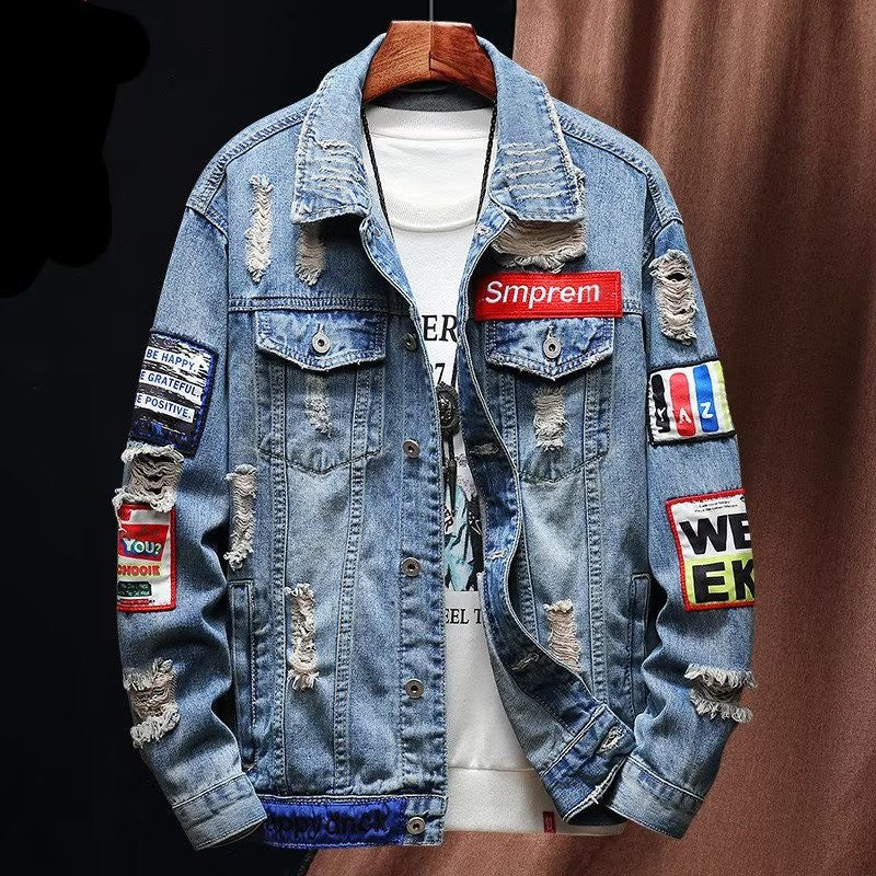 Herren Lässige Denimjacke mit kreativen Applikationen Drune