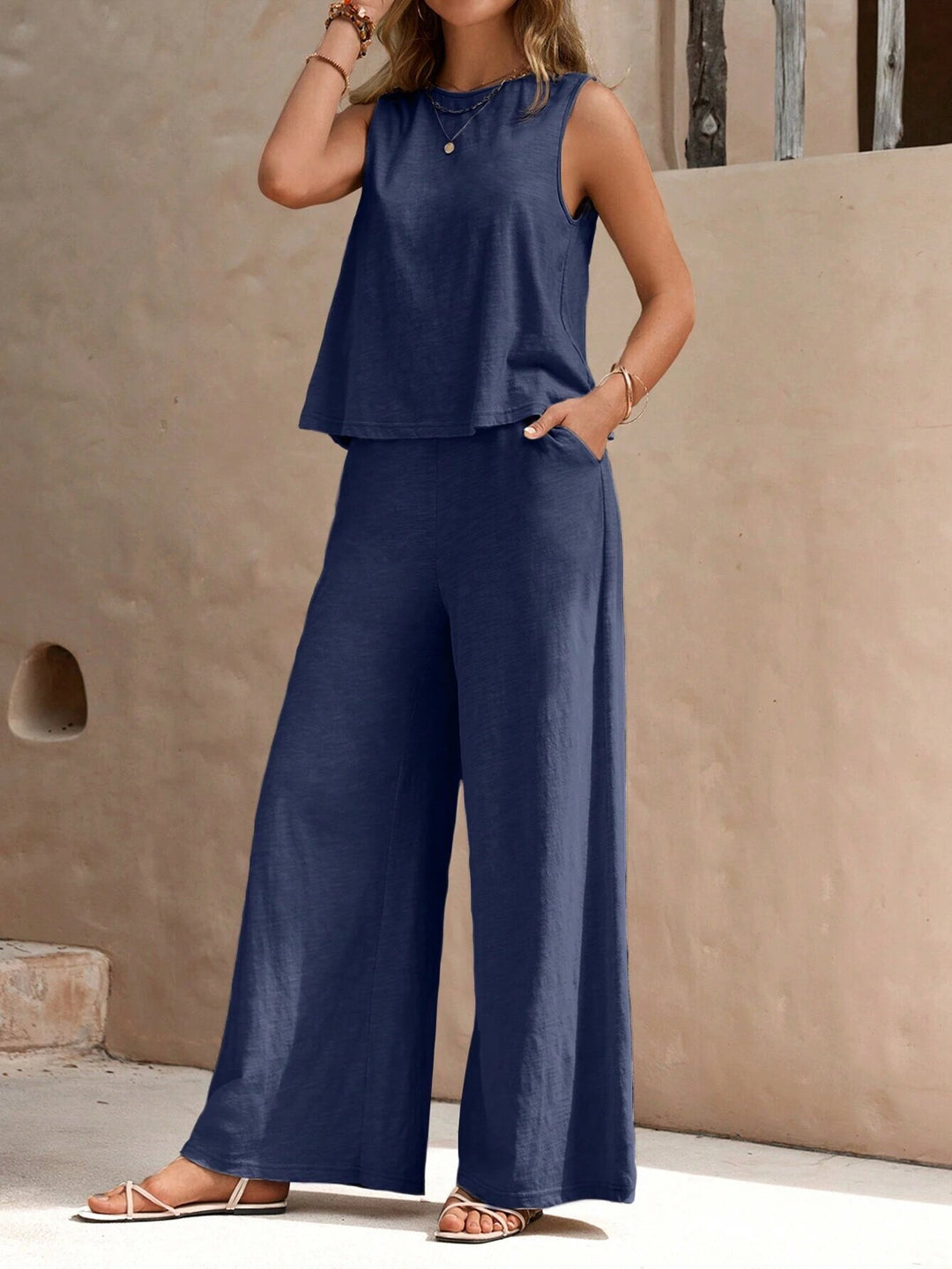 Damen Zweiteiliges Jersey-Set mit ärmellosem Top und weiter Palazzohose Drune