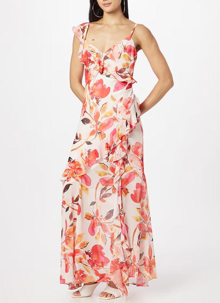 Damen Maxikleid mit floralen Rüschen und schulterfreien Trägern Drune
