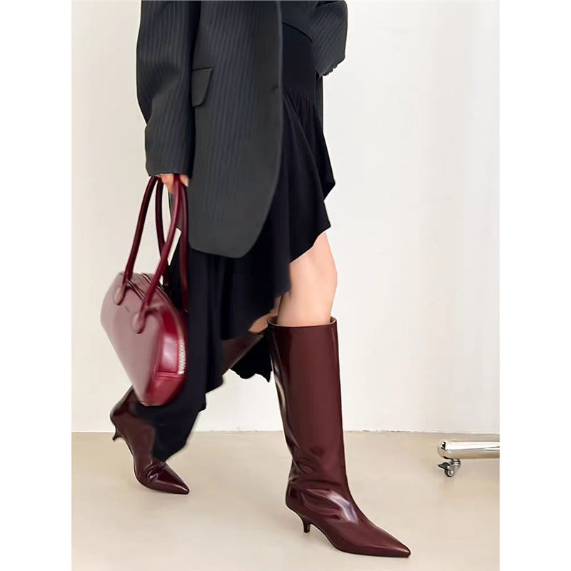 Damen Kniehohe Lackstiefel mit spitzer Zehenform und schlankem Kitten-Absatz Drune