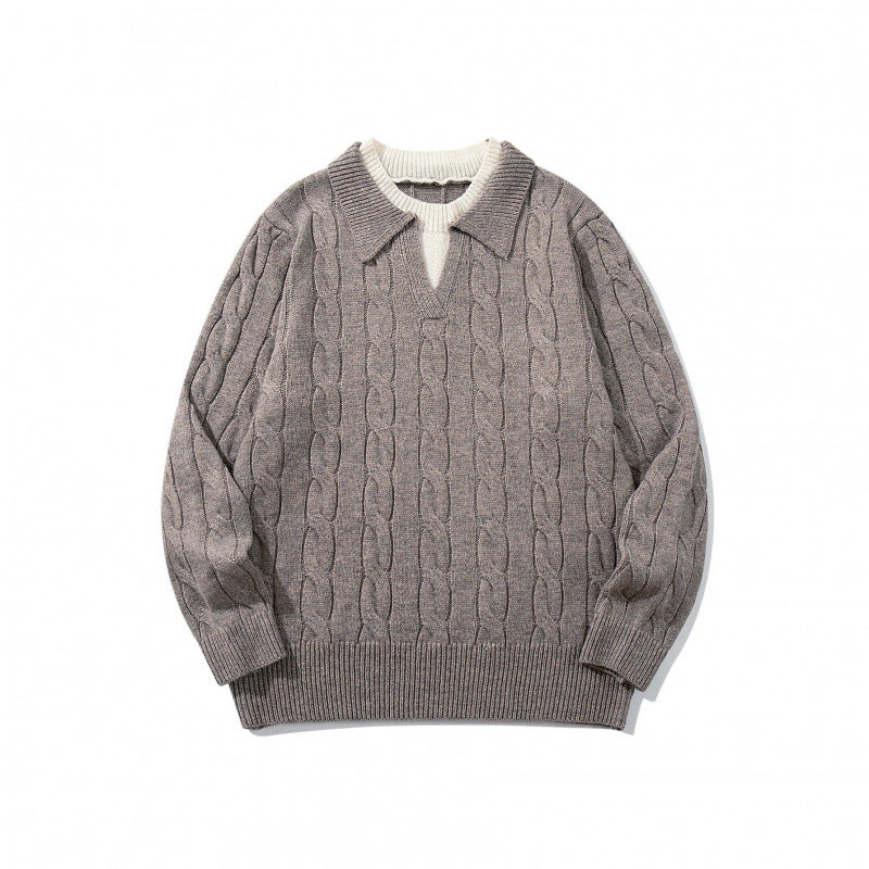 Herren Grobgestrickter Zopfmuster-Pullover mit Polokragen und V‑Ausschnitt Drune