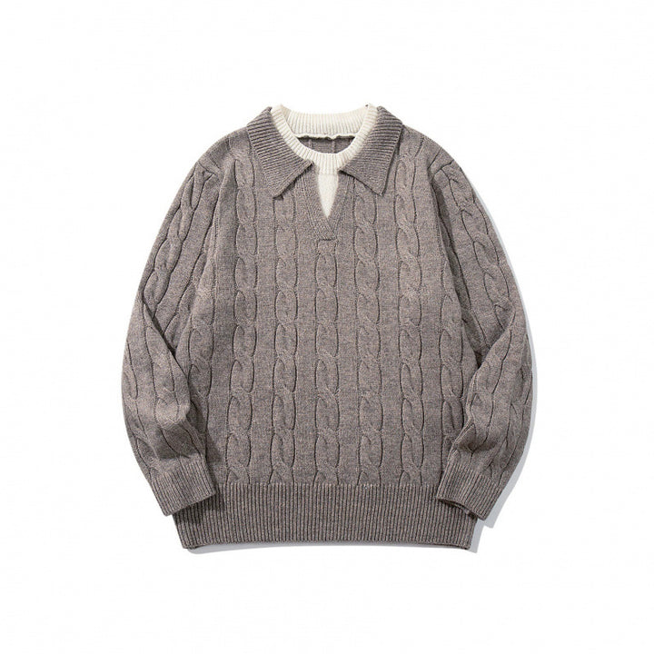 Herren Grobgestrickter Zopfmuster-Pullover mit Polokragen und V‑Ausschnitt Drune