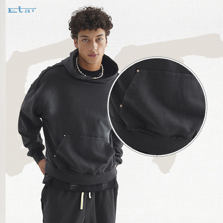 Unisex Oversized Kapuzenpullover mit ausgefranstem Saum, Kängurutasche und verwaschenem Bleicheffekt Drune