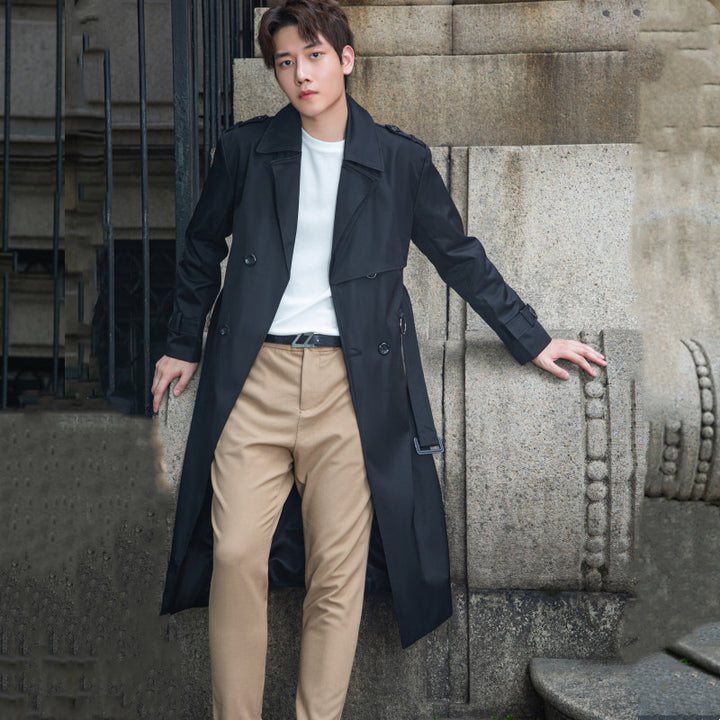 Herren langer doppelreihiger Trenchcoat mit Sturmklappe und D-Ring-Details Drune