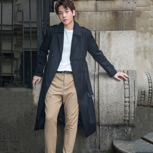 Herren langer doppelreihiger Trenchcoat mit Sturmklappe und D-Ring-Details Drune