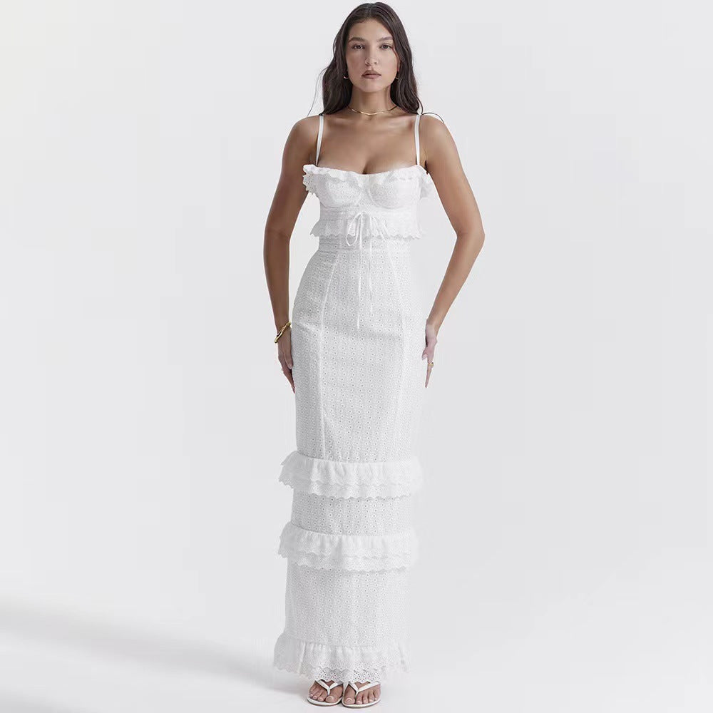 Damen elegantes Spitzen-Maxikleid mit Rüschendetails und schmalen Spaghettiträgern Drune
