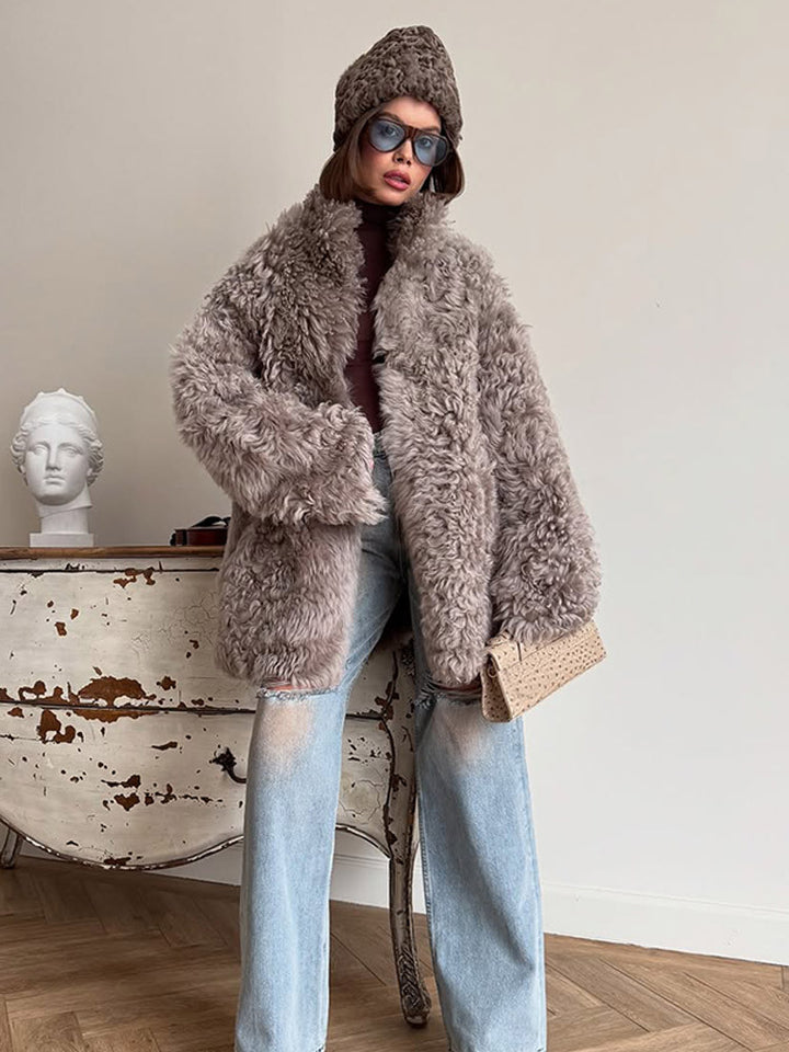 Damen Oversize Kunstfell‑Mantel mit lockiger Teddy‑Optik und weiter Boxy‑Silhouette Drune