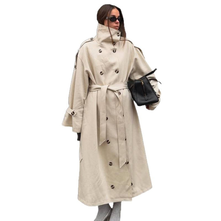 Damen Langer Oversized Trenchcoat mit hohem Stehkragen, Glockenärmeln und Bindegürtel Drune