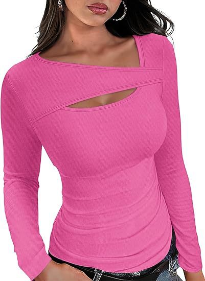 Damen Geripptes Langarmshirt mit asymmetrischem Carmenausschnitt und Brust-Cut-Out Drune