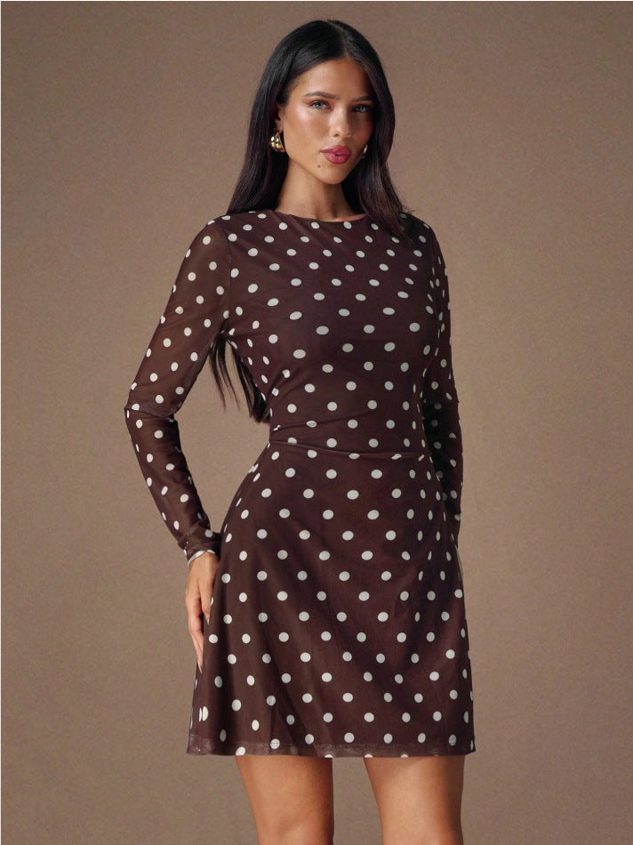 Damen Mini-Kleid mit transparenten Ärmeln und gepunktetem Design Drune