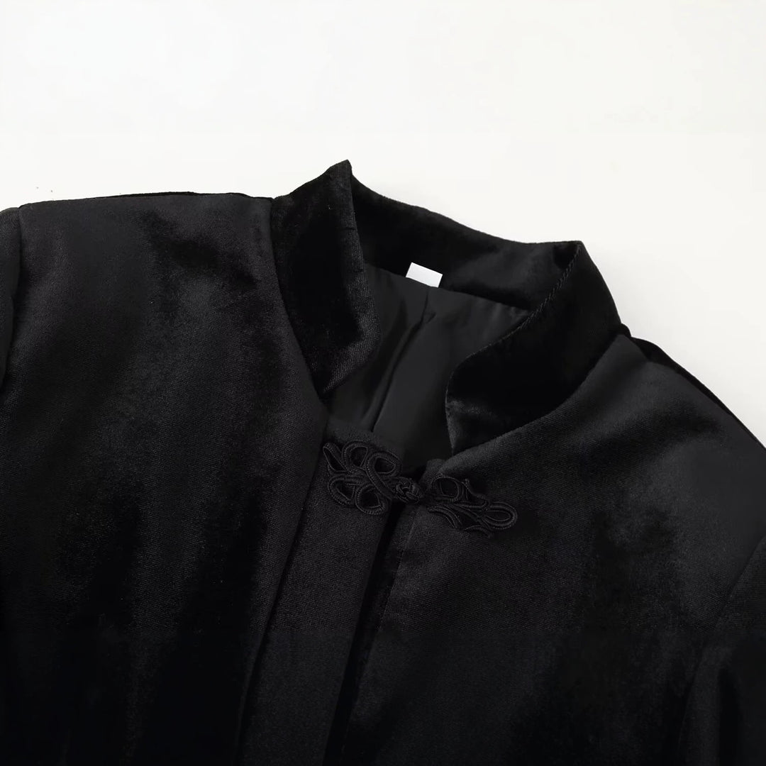 Damen Asymmetrische Kurzjacke mit Stehkragen, Kordelverschlüssen und Quasten-Saum Drune