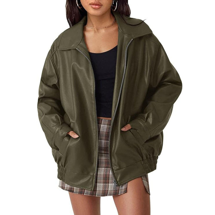 Damen Oversize Kunstleder Blouson mit Reißverschluss und elastischem Saum Drune