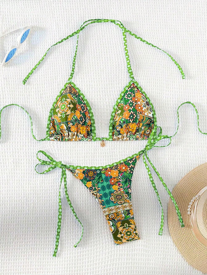 Damen Triangel-Bikini mit buntem floralen Mustermix und verstellbaren Trägern Drune