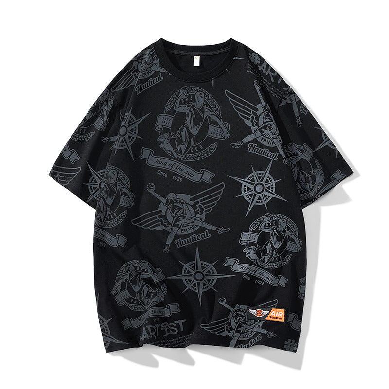Herren Oversize-Print-T-Shirt mit Allover-Nautical-Logos und Rundhalsausschnitt Drune