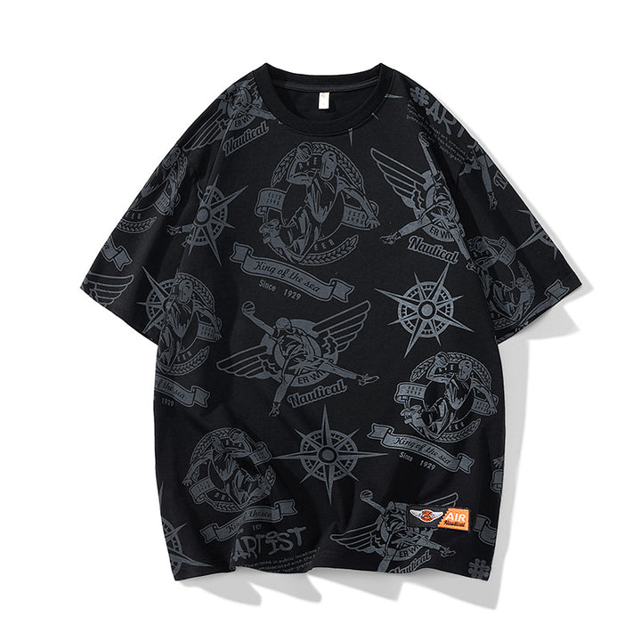 Herren Oversize-Print-T-Shirt mit Allover-Nautical-Logos und Rundhalsausschnitt Drune