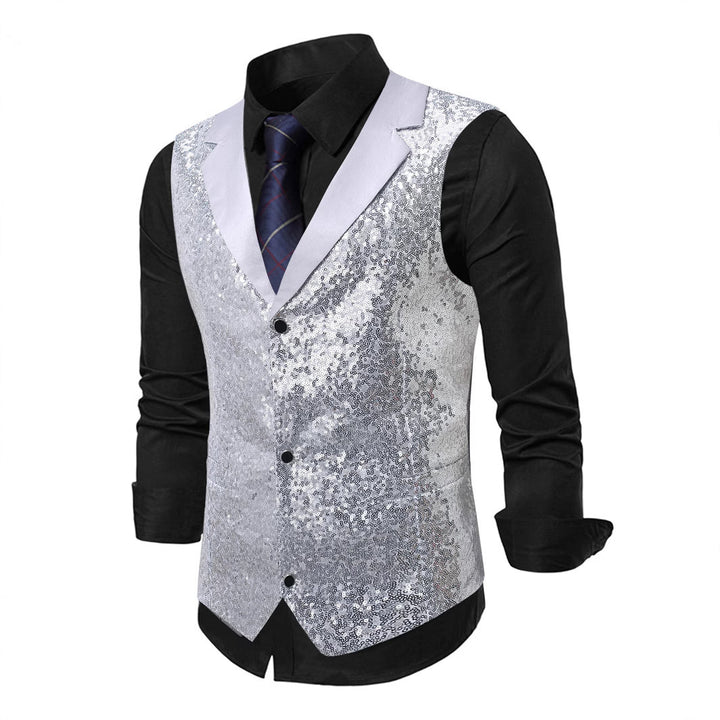 Herren Glänzende Pailletten‑Weste mit Satin‑Revers und taillierter Silhouette Drune