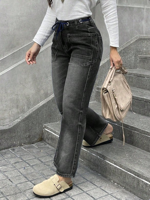 Damen Hochtaillierte Jeans mit geradem Bein, Tunnelzugbund und aufgesetzten Taschen Drune