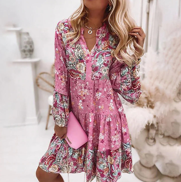 Damen nan leichtes Babydoll-Stufenkleid mit V-Ausschnitt, geraffter Passe und Elastikmanschetten Drune