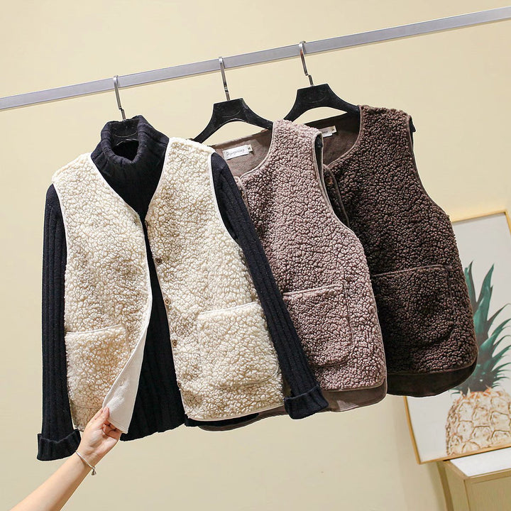 Damen Teddy-Fleece Weste mit Knopfleiste und Aufgesetzten Taschen Drune