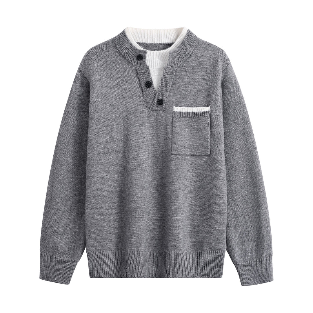 Herren Feinstrick-Henley-Pullover mit Knopfleiste, Brusttasche & Kontrastkragen Drune
