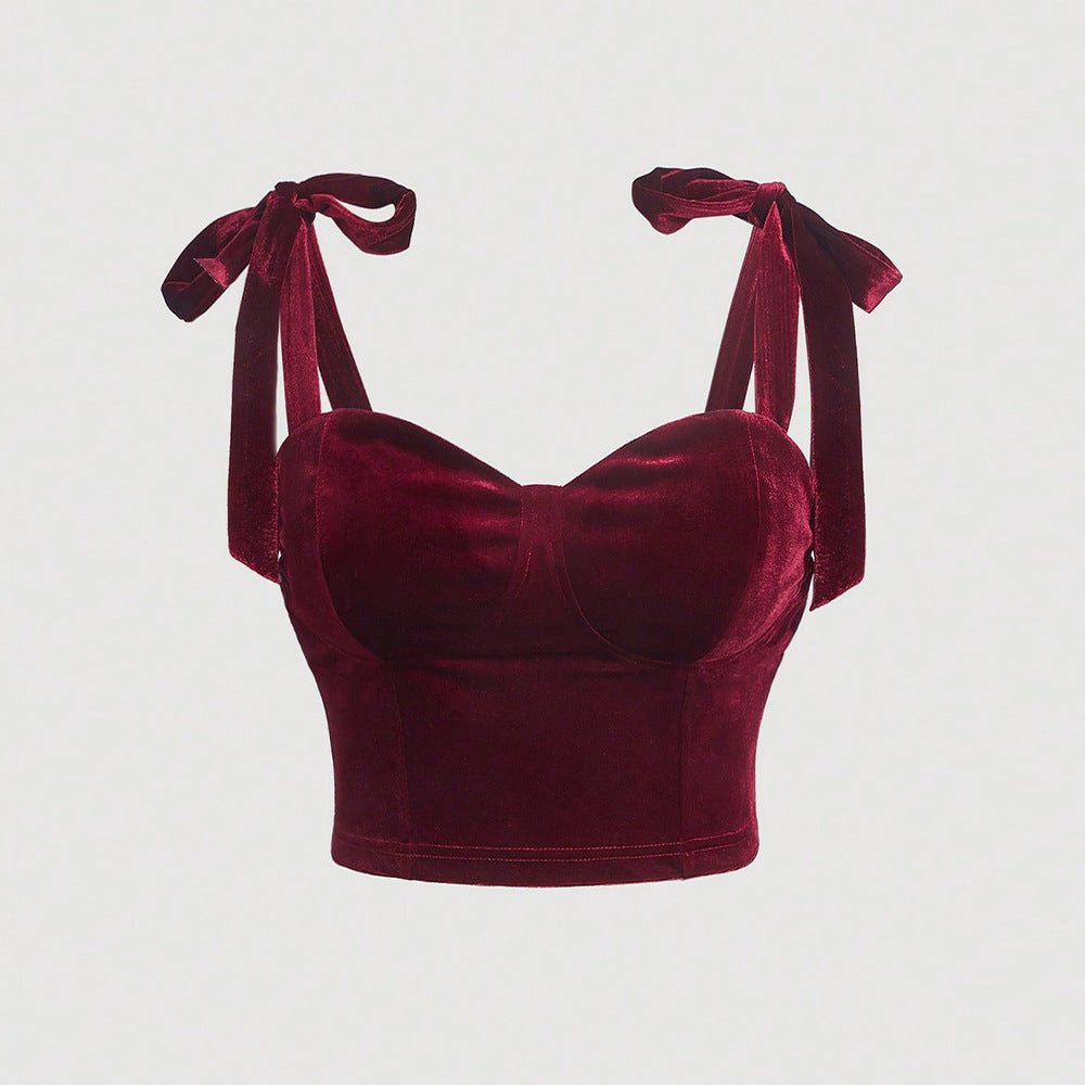 Damen Cropped Top aus samtartigem Material mit dekorativem Bindeband Drune