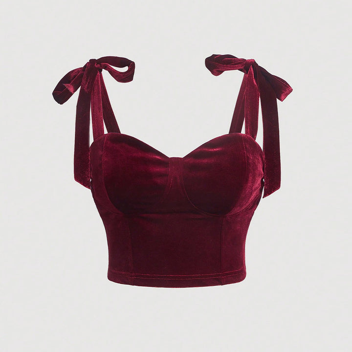Damen Cropped Top aus samtartigem Material mit dekorativem Bindeband Drune