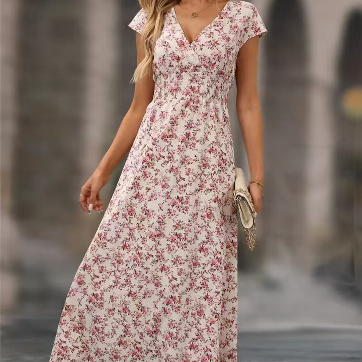 Damen Maxikleid mit Rüschendetails und elegantem V-Ausschnitt Drune