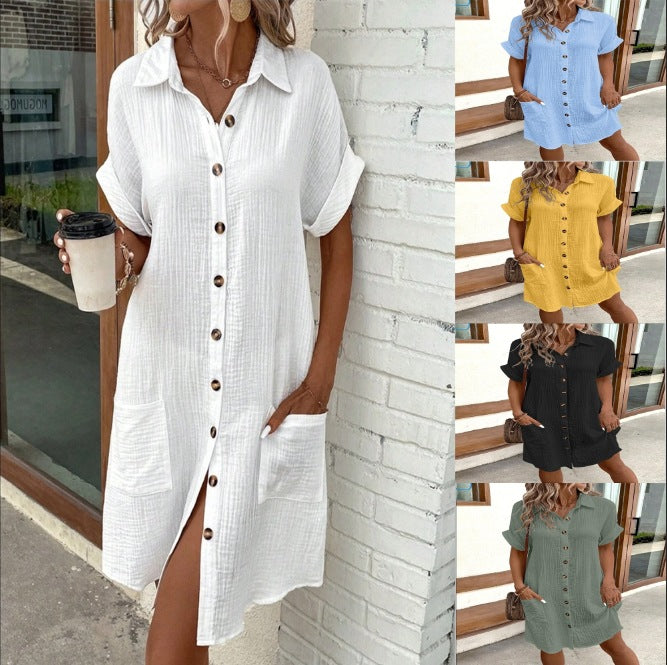 Damen Hemdblusenkleid aus leichtem Baumwollstoff mit praktischen Taschen und durchgehender Knopfleiste Drune