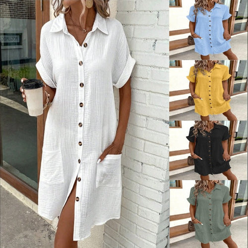Damen Hemdblusenkleid aus leichtem Baumwollstoff mit praktischen Taschen und durchgehender Knopfleiste Drune