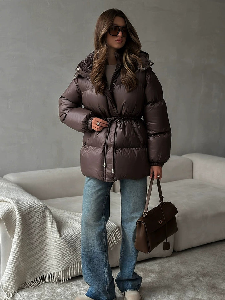 Damen gesteppte Steppjacke mit Taillenzug und Kapuze Drune
